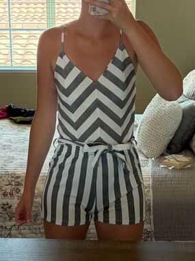 Striped Chevron Romper in Gray and White